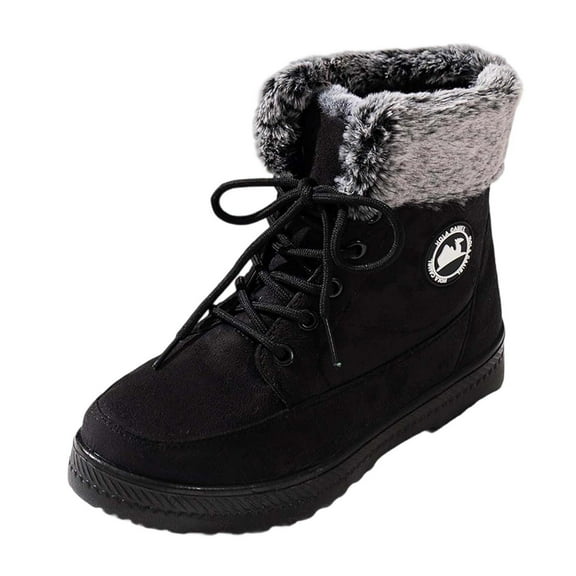 Ladies' Round Toe Flat Heel Lace Up Warm Plush Winter Set Wearing Mid Length Snow Boots Black 36