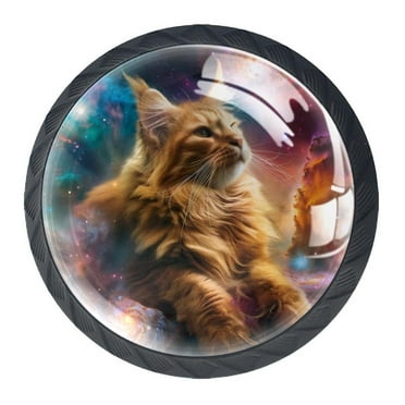 4 Pack Black Drawer Knobs, Cat Outer Space Cabinet Knobs Round Glass Knobs for Kitchen Cabinet Hardware Bathroom 35MM