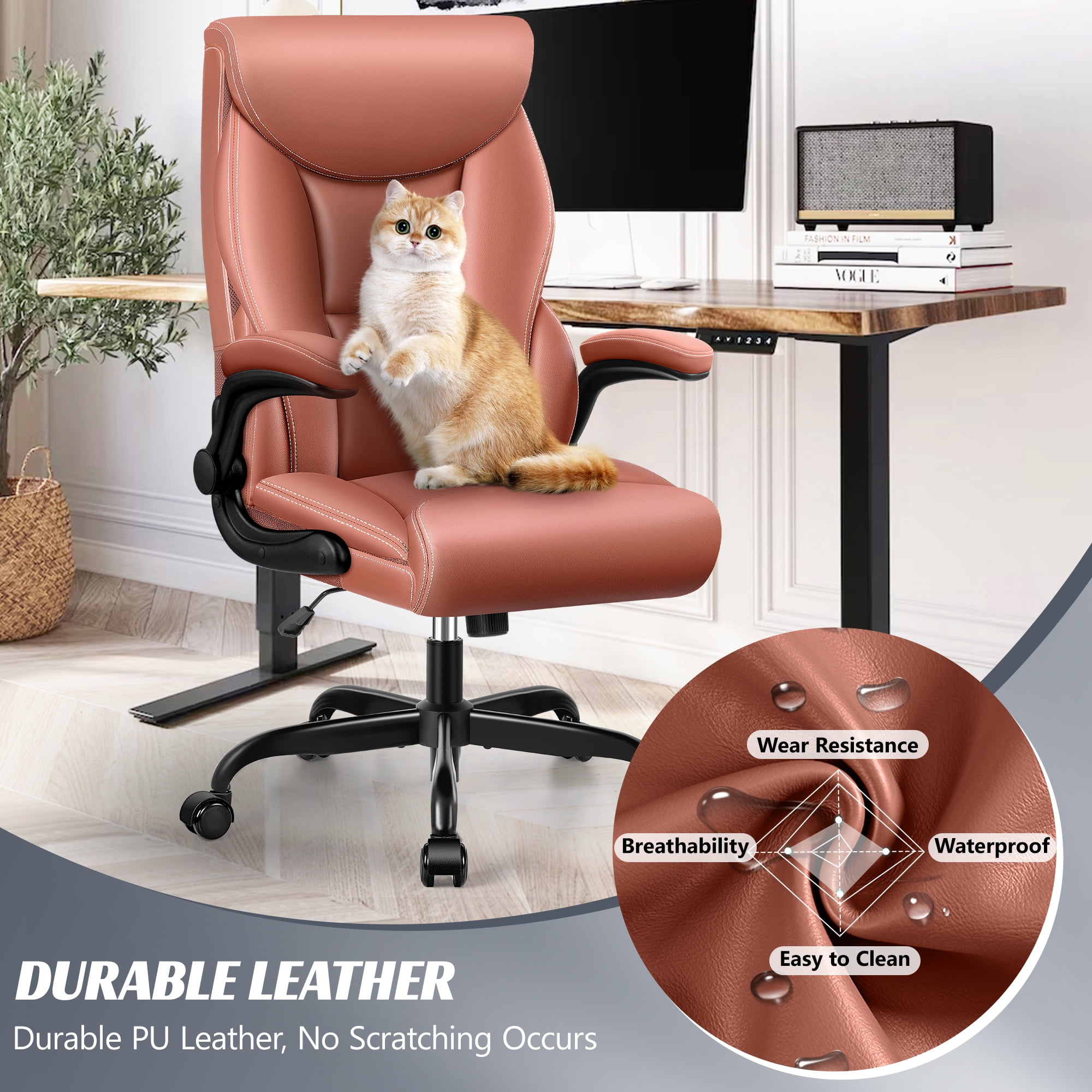 ATHOPE Executive Office Chair, Leather Office Chair with High Back Flip Up Armrests, Height Adjustable Comfy Desk Chair with Wheels, Ergonomic Computer Chair, Matte Brown