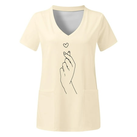 

TAIAOJING Women Scrubs Tops Uniform Plus Size Top V Neck Short Sleeved Pockets Prints T Shirt
