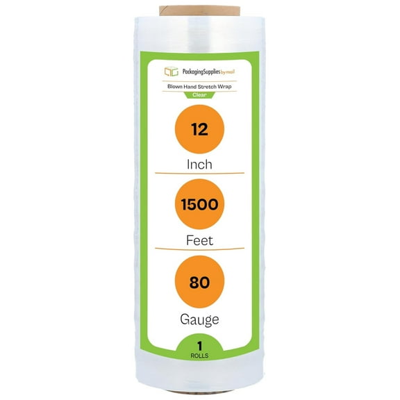 PSBM Stretch Wrap, 1 Pack, 12 Inch x 1500 Feet, 80 Gauge, Clear Plastic Cling, Blown Hand Stretch Film Rolls for Packaging Moving Packing Pallets 12" x 1500' x 80 Gauge