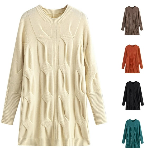 Lovskoo 2024 Sweater Dress for Women Crewneck Oversized Pullover Fall Cable Knit Long Sleeve Chunky Short Sweaters Dresses Beige