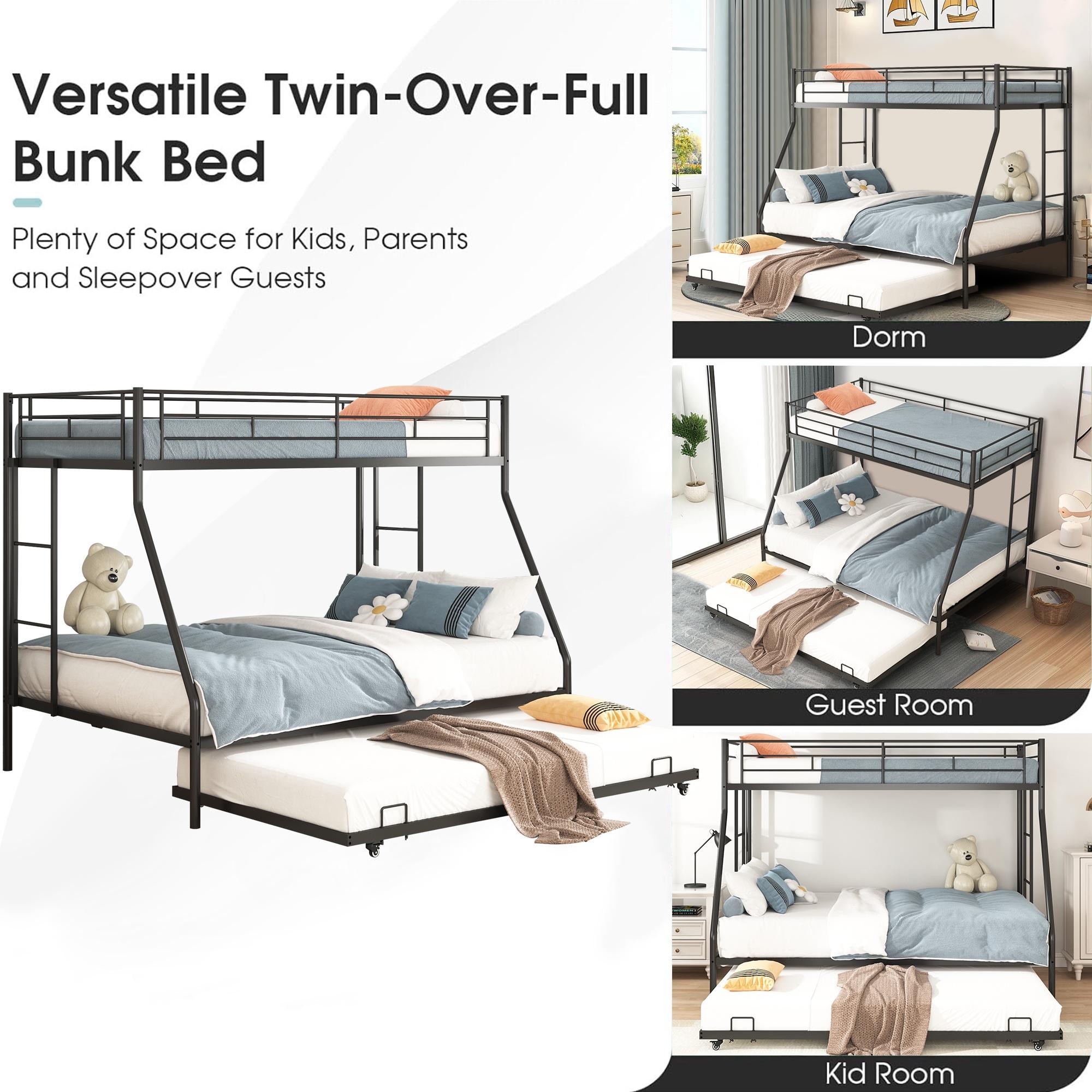 Metal Twin Over Full Bunk Beds with Trundle Bed, UHOMEPRO Twin Over Full Bunk Beds for Kids Adults Teens, Dorm Room Bunkbed with Trundle, 2 Ladders, CPC Certification, No Box Spring Needed, Black