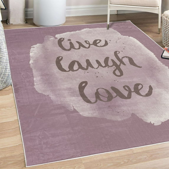 Live Laugh Love Decorative Rug, Wise and Happy Life Message on Watercolor Paintbrush Effects Print, Quality Carpet for Bedroom Dorm and Living Room, 6 Sizes, Grey Pink, by Ambesonne