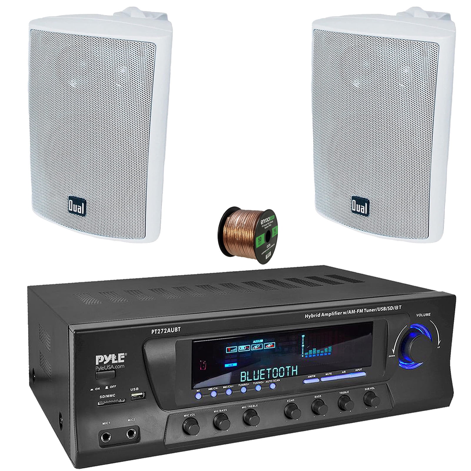 Pyle PT272AUBT High-Power 300 Watt Max Bluetooth Home Theater Amplifier Receiver with AM/FM Radio, MP3 & USB Playback, 2x 4" 200 Watts Max Power 3-Way Indoor/Outdoor White Speakers W/50 Feet 16G Wire