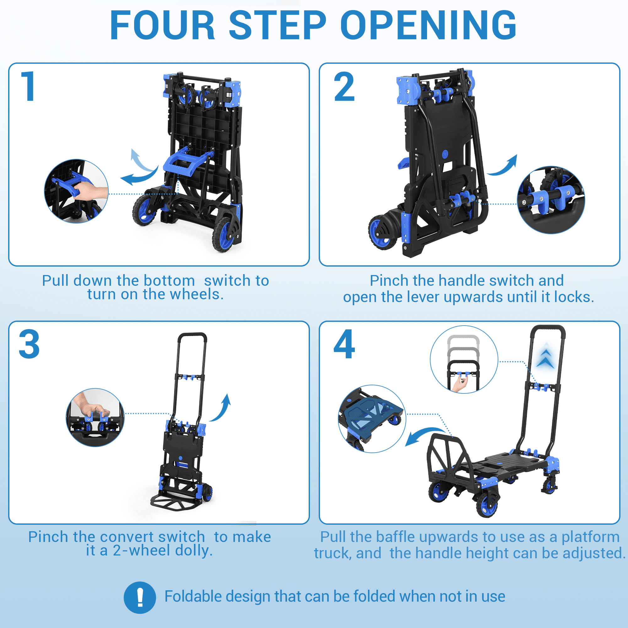 Kicctian 330 lbs Collapsible Wagon Cart with Foldable Basket, 2 In 1 Convertible Collapsible Hand Truck Dolly, with Retractable Handle, Portable Utility Cart for Office, Warehouse, Blue