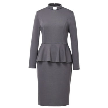 GRACEART Church Clergy Dress for Women Minister Long Sleeve Ruffle Slim Pencil Dress with Tab Insert Stand Collar