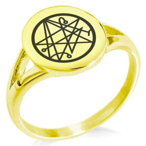 Stainless Steel Necronomicon Talisman Rune Minimalist Oval Top Polished Statement Signet Ring