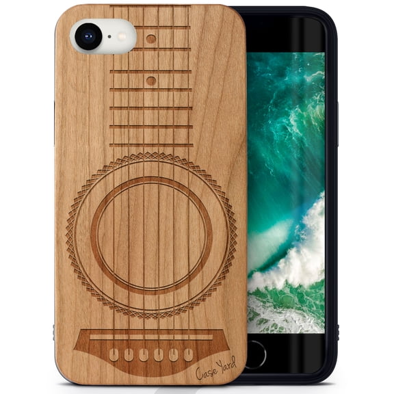 Case Yard Wooden Case Outside Soft TPU Silicone, Slim Fit Shockproof Wood Protective Phone Cover for Girls Boys Men and Women, Supports Wireless Charging Guitar Design case for iPhone-SE