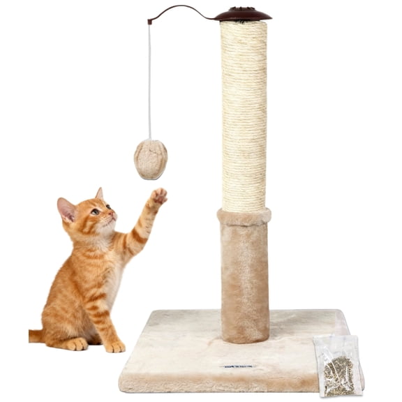 Happi N Pets 22" Cat Scratching Posts for Indoor Cats, Cat Scratch Post, Sisal Scratcher Post with Rotatable Hanging Balls & Stable Base-Beige