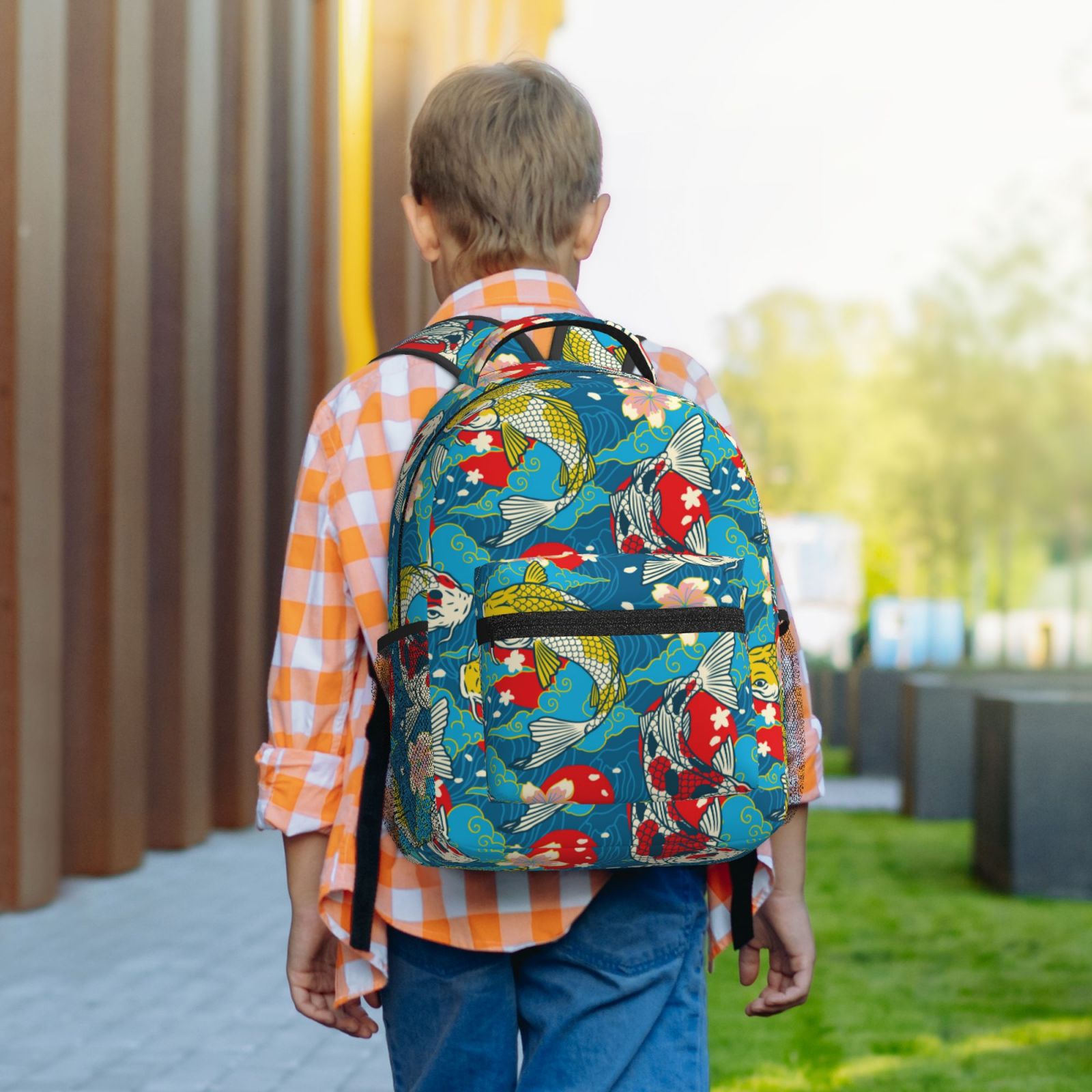 Rateoe Japanese Koi Pattern Durable Student Backpack Laptop Bag- Ergonomic Design, Waterproof Twill Fabric - Ideal for School, Travel, and Outdoor Activities