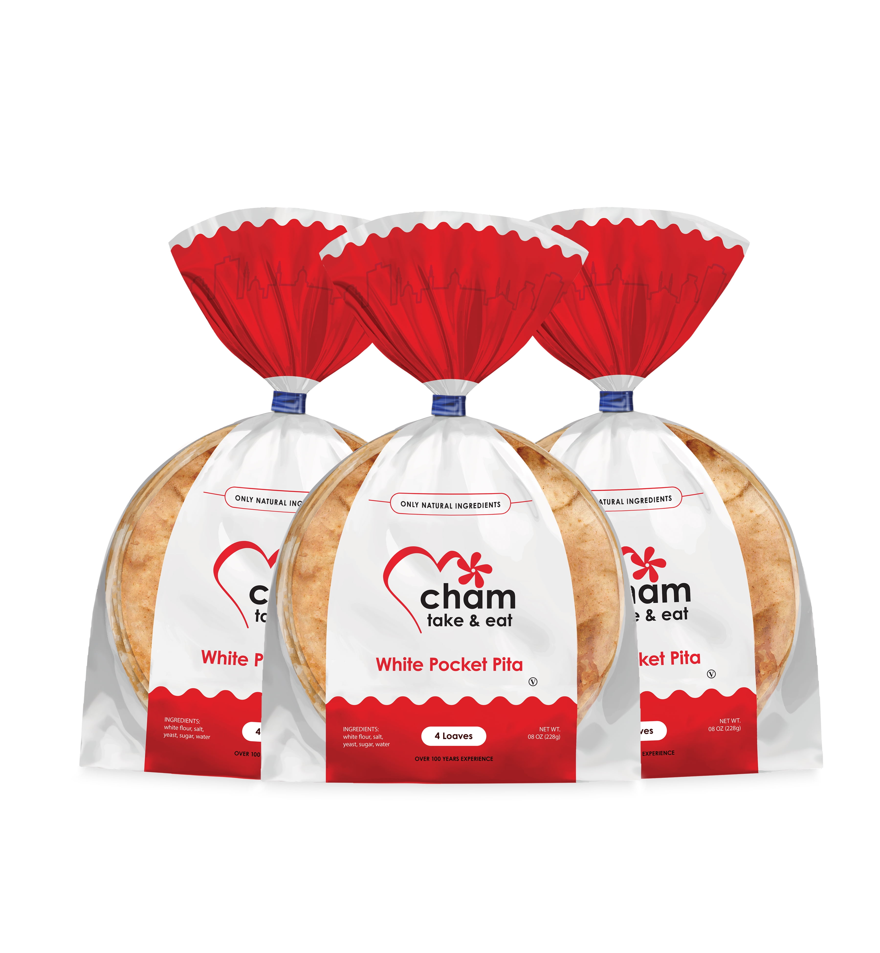 Cham Bakery Fresh 8 Inch White Pocket Pita Bread, 3 Bag, 12 Loaves, 24oz - No Preservatives