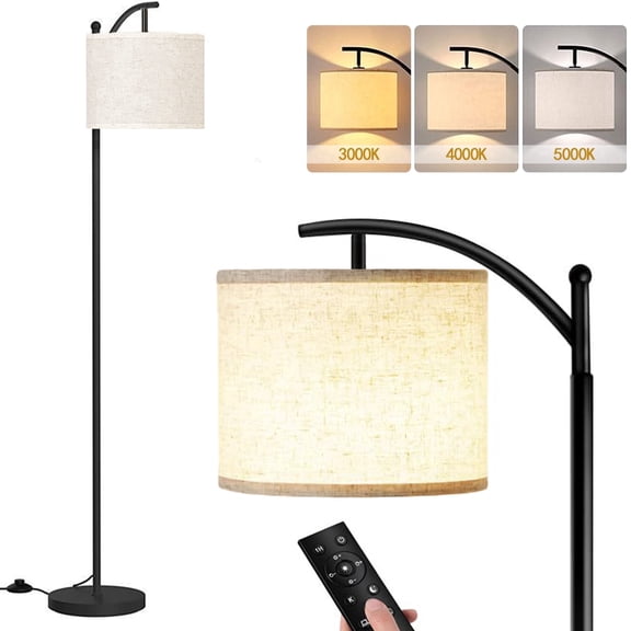Floor Lamp for Living Room, Arc Standing Lamp with Remote Control, Dimmable LED Tall Lamp with Linen Shade, 3 Color Temperatures for Bedroom Office Dining Room, Black