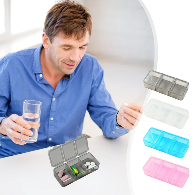 Pastillero Portátil de 3 Compartimentos - Pequeño Estuche de Plástico Transparente para Pastillas, Vitaminas y Refrigerios - 9 X 4 X 2 Cm (Rosa, Blanco, Gris y Azul) - 1 Unidad