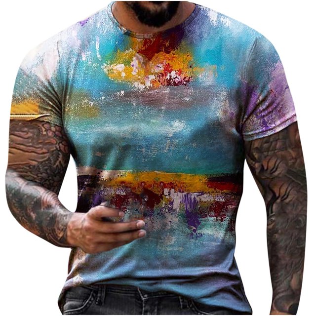 Blusa de camiseta de manga corta con estampado casual retro de moda para hombre Pompotops oipoqjl3578