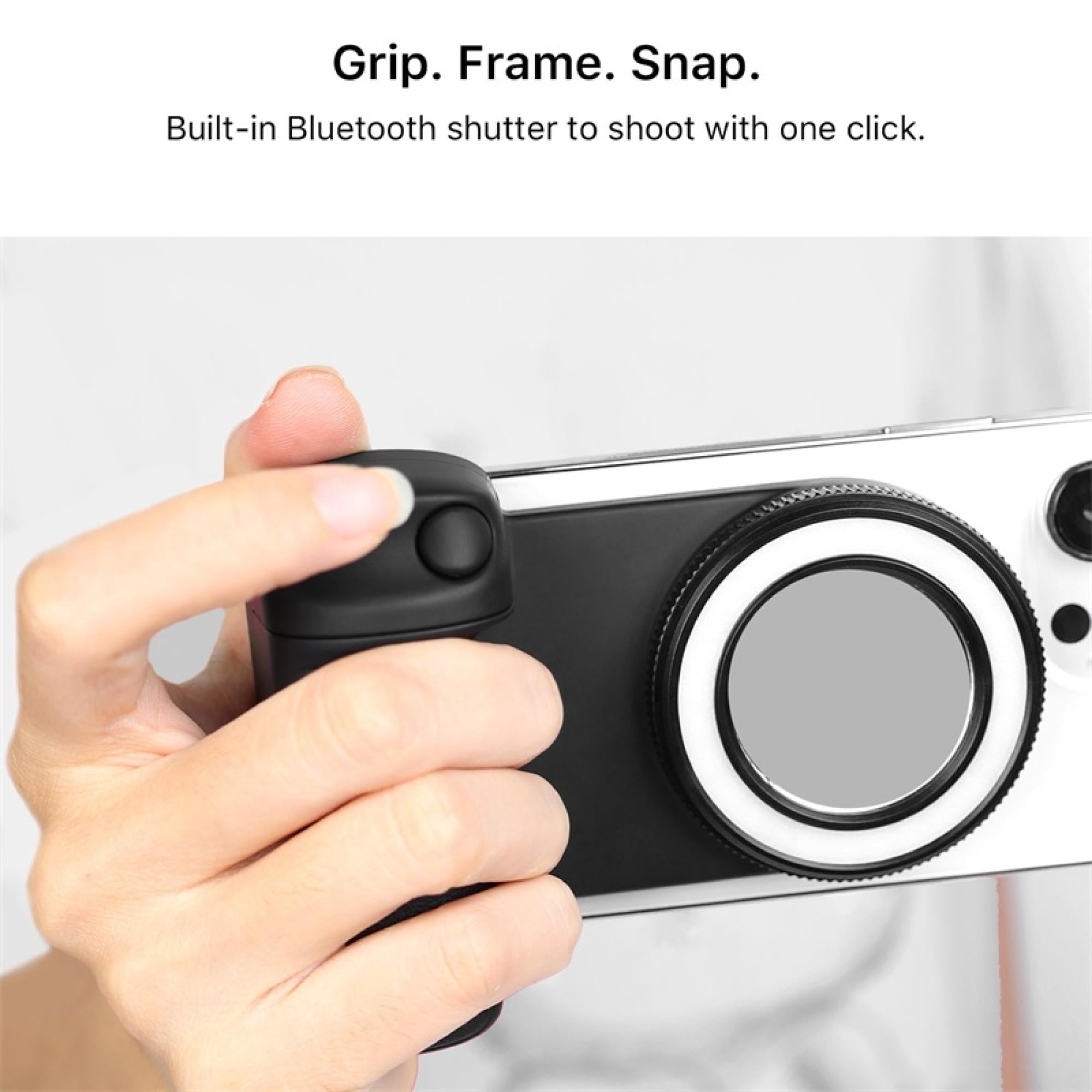 FlashBack Ring Light Shutter Grip with Wireless Shutter, Adjustable LED, and Magnetic Attachment – Black – Compatible with iPhone & Android