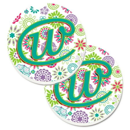 

Carolines Treasures CJ2011-WCARC Letter W Flowers Pink Teal Green Initial Set of 2 Cup Holder Car Coasters Large