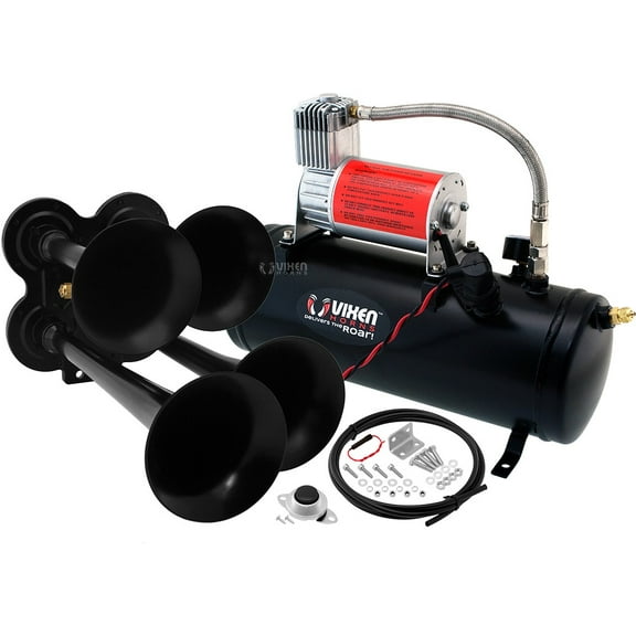 Vixen Horns Train Horn Kit for Trucks/Car/Semi. Complete Onboard System- 150psi Air Compressor, 1.5 Gallon Tank, 4 Trumpets. Super Loud dB. Fits Vehicles like Pickup/Jeep/RV/SUV 12v VXO8530/4114B