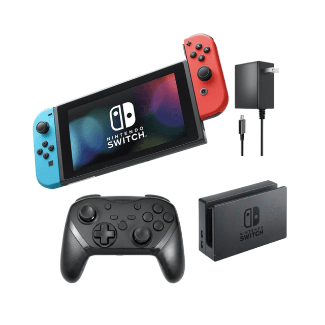 Nintendo Switch 32GB Gaming Console Bundle (Refurbished) - Includes Neon Blue & Neon Red Joy-Cons plus RetroFam Switch Pro Controller