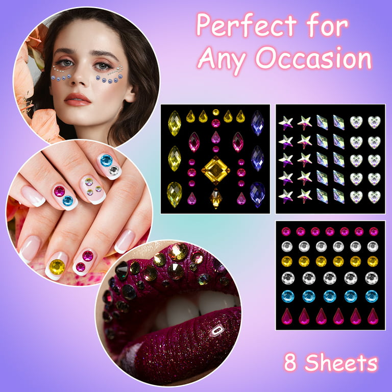 AIEX 4 Sheets Festival Face Gems Stick on, Self-Adhesive Face Jewels  Stickers Face Diamonds Rhinestones for Makeup, Nail Gems Pearl Stickers for  Face