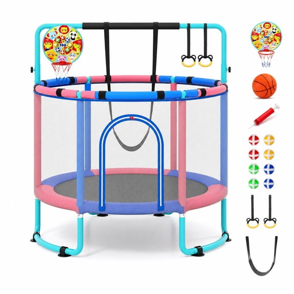 Costway 55 Inch Kids Trampoline with Enclosure 6 in 1 Toddler Trampoline Age 3 Navy Red
