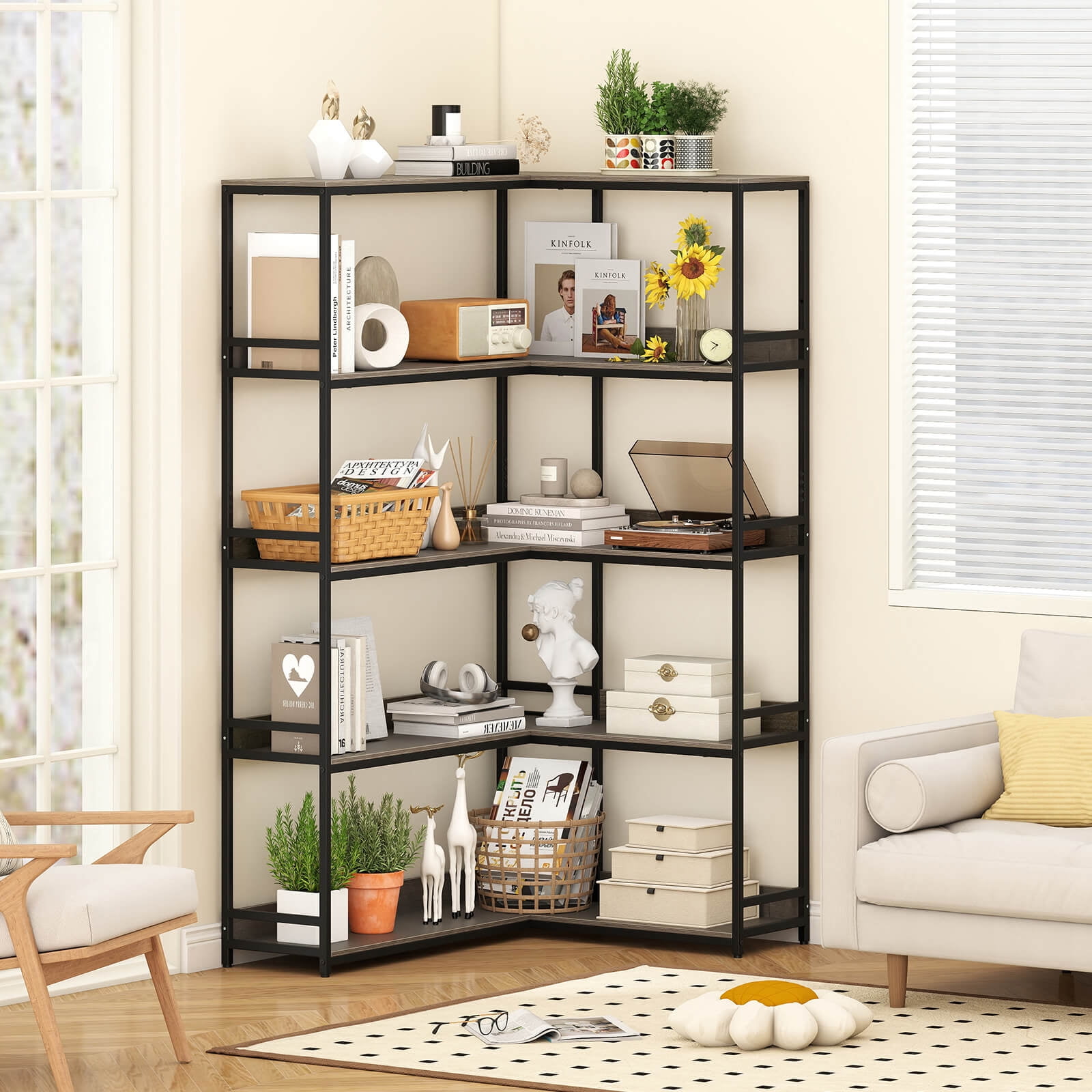 Costway 5-Tier L-Shaped Bookcase Corner Bookshelf with Metal Frame Open Display Shelf Gray