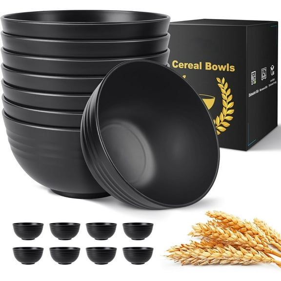 BPA Free Unbreakable Wheat Straw Cereal Bowls - Microwave & Dishwasher Safe Soup and Salad Bowls, Set of 8, 26oz, Black