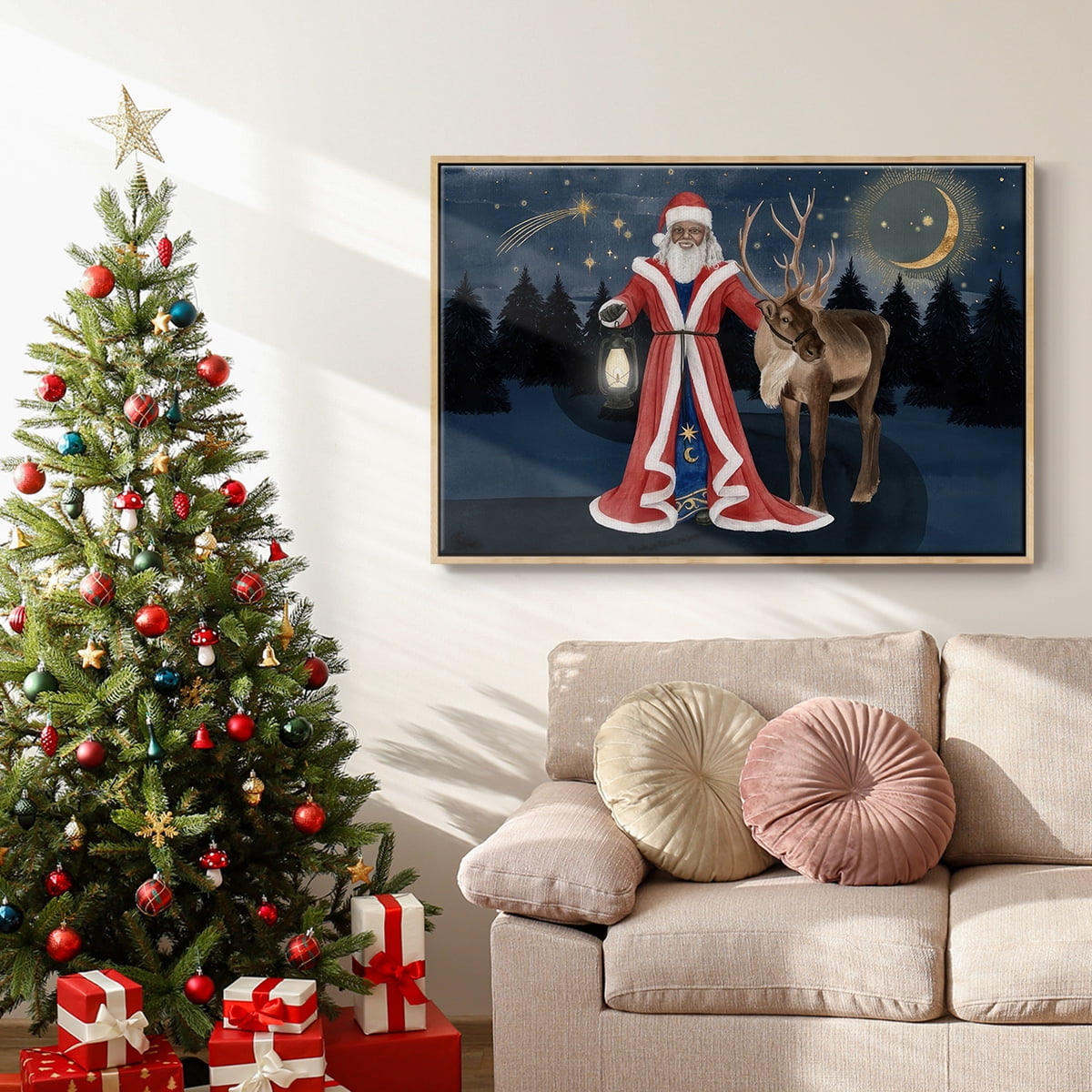 Celestial Christmas Collection A - Framed Gallery Wrapped Holiday Canvas - 17 x 25 - Natural Wood Frame