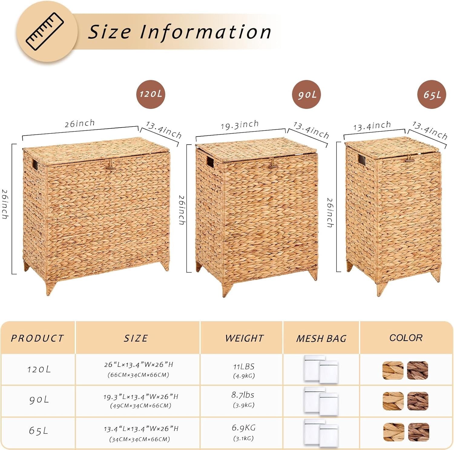 Casa Pura Furniture Adult Handwoven Elevated Feet Carrying Handles Laundry Hampers with Lid & Removable Liner Bag, Off-White