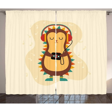 Hedgehog Curtains 2 Panels Set, Animal with Spikes Listening Music from Its Retro Cassette Player Vintage Inspired, Window Drapes for Living Room Bedroom, 108W X 90L Inches, Multicolor, by (The Best Music Player Application For Windows)