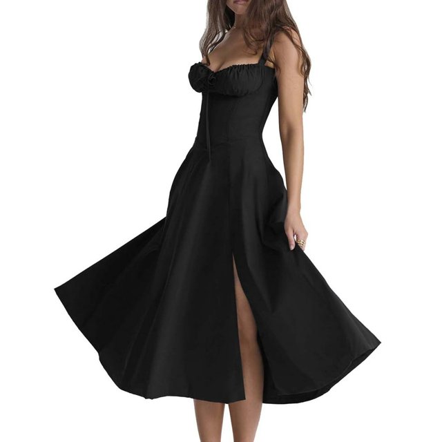 Corset Femme Robe Longue Ligne A Col Carré Sans Manches Fluide Bretelles Froncées Robe de Sortie Robe d'Été