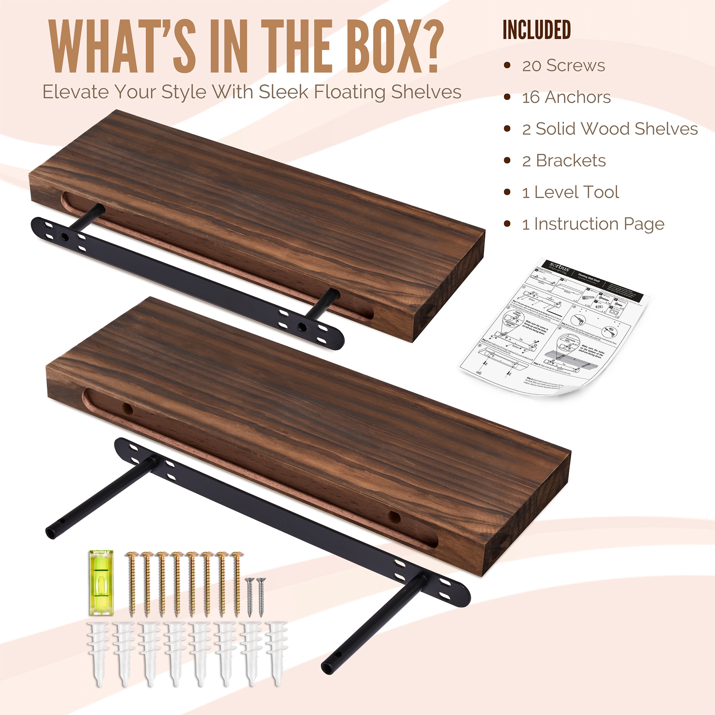 Sorbus 2-Pack Solid Wood Floating Shelves, 24 in, Brown, Wall-Mounted Storage