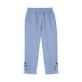 thumbnail image 5 of FUNUONY Women's Linen Cropped Pants Ankle Capris Straight Leg Trousers Fashionable Casual Buttons with Pockets Cotton and Linen Loose Trousers Cropped Trousers Striped Cotton and Linen Pants Blue L, 5 of 9