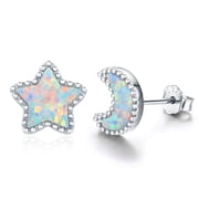 Cuoka Moon Earrings Star Earrings White Gold Plated Opal Jewelry, 925 Sterling Silver Opal Studs, Women's Earrings Jewelry Gift for Sensitive Ears for Girlfriend