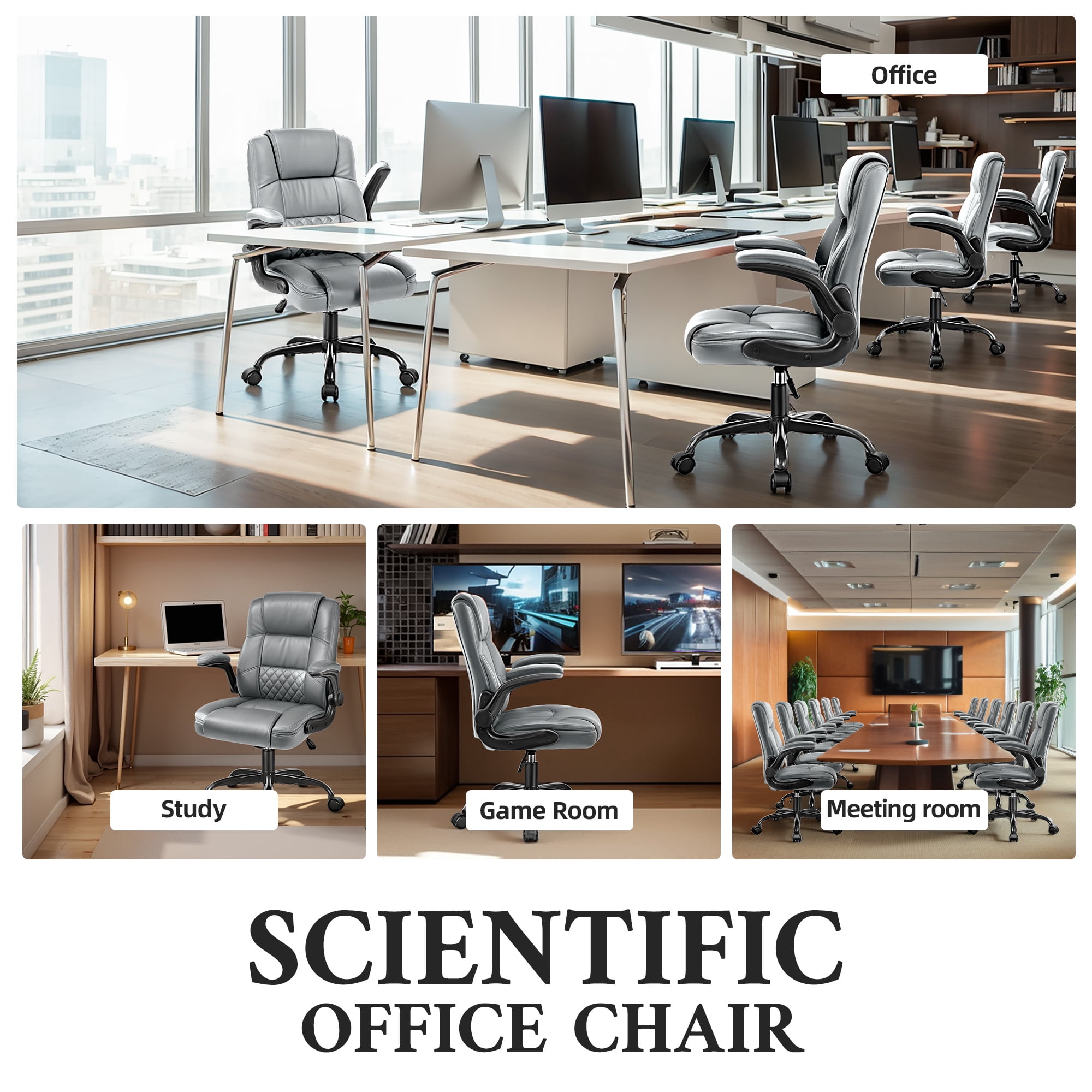 ALLGOD Leather Office Chair 400lbs, Ergonomic Desk Chairs with Back Support, Computer Chair with Wheels and Adjustable Armrest for Home Office, 360°Swivel Free, Gray