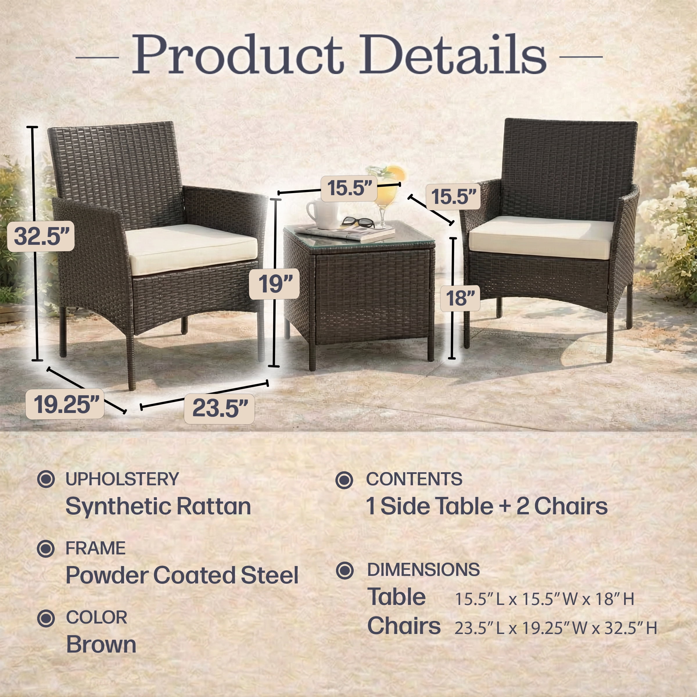 Lavish Home 3-Piece Outdoor Patio Furniture Set with Chairs and Table (Brown)