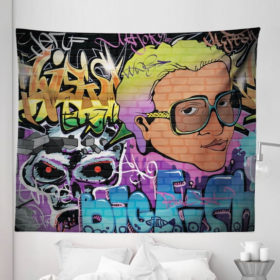 Urban Graffiti Tapestry, Hip Hop Design Graffiti Wall Urban Art Background Man Head Detail, Fabric Wall Hanging Decor for Bedroom Living Room Dorm, 5 Sizes, Multicolor, by Ambesonne