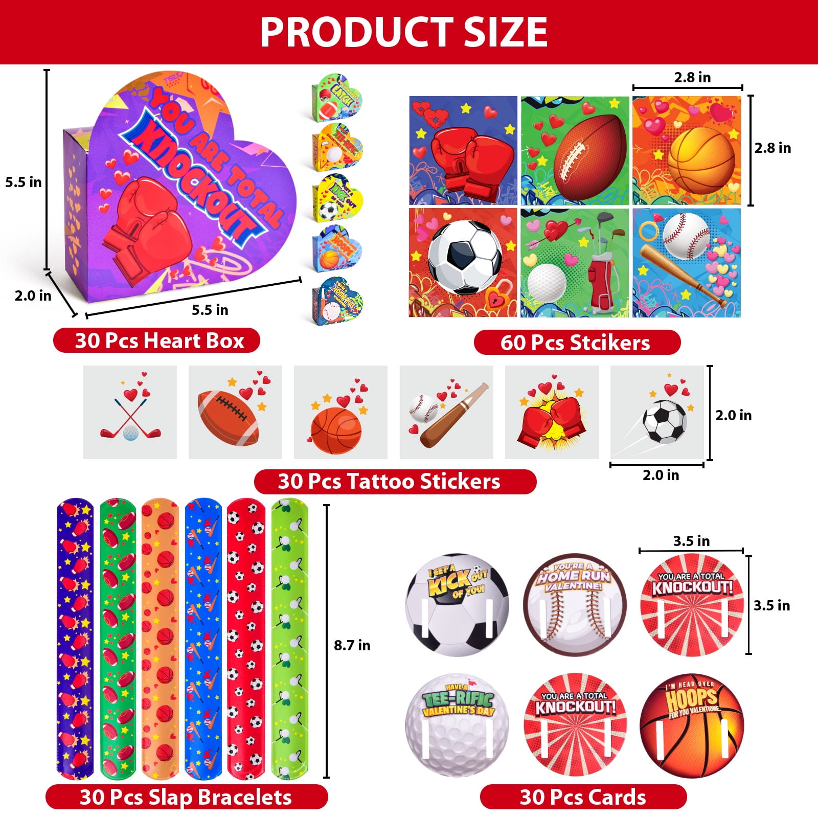 180 Pcs Valentines Day Cards with Slap Bracelets and Stickers with Heart Boxes for Kids, Classroom Valentines Party Favors for Kids, 6 Sports Elements Valentine Exchange Cards for Students