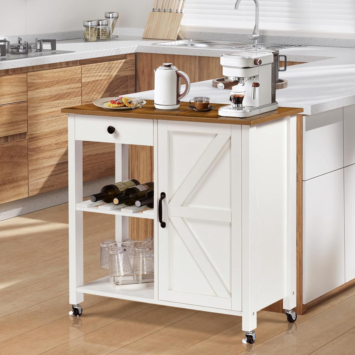 Kitchen Island Cart, Farmhouse Kitchen Island with Storage Drawer Wine Rack, Kitchen Cart Microwave Stand with Adjustable Shelf Island Table for Kitchen, Living Dining Room, White