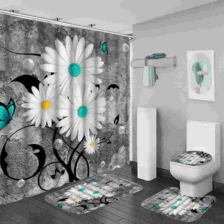 4 Pcs Shower Curtain Sets with Non-Slip Rugs, Spring Flower Shower Curtain  Vibrant Bathroom Decor Sets (Bath Mat,U Shape and Toilet Lid Cover Mat) and 12  Hooks 