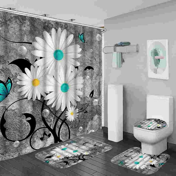 Floral Bathroom 4-piece Set Spring Decoration Shower Curtain American Farmhouse Bathroom Decoration Digital Print Bathroom Four-piece Set Waterproof Shower Curtain Anti-slip Mat Set