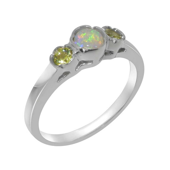 LBG British Made Traditional Solid 14k White Gold Ring with Natural Opal & Peridot Womens Promise Ring - 33 size options - Size 4.25