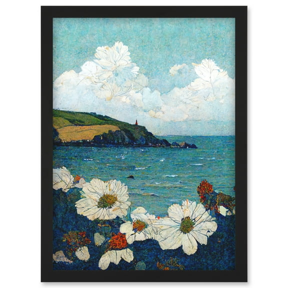 Looking Out To Sea Flower Clouds Coastal Ocean Seascape Artwork Framed Wall Art Print A4