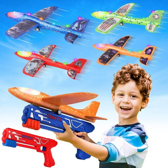 4 Pack Airplane Launcher Toys, 2 Flight Modes LED Foam Plane Toy for Boys, Outdoor Flying Toys Birthday Gifts for Boys Girl 4 5 6 7 8 9 10 11 12 Year Old