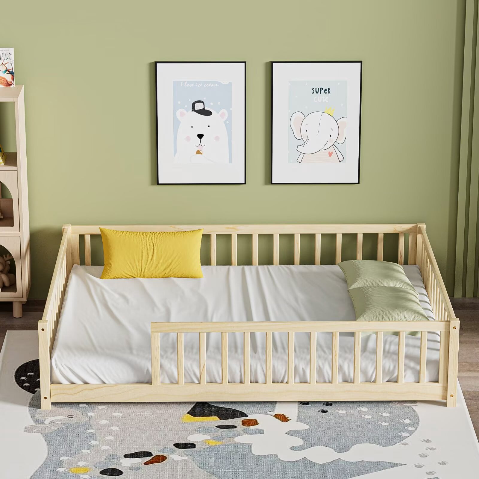 Full Floor Bed for Kids Toddlers, Multifunctional Montessori Bed Frame with Safety Guardrails and Wood Slats, Without Door, Easy Assemble, Natural