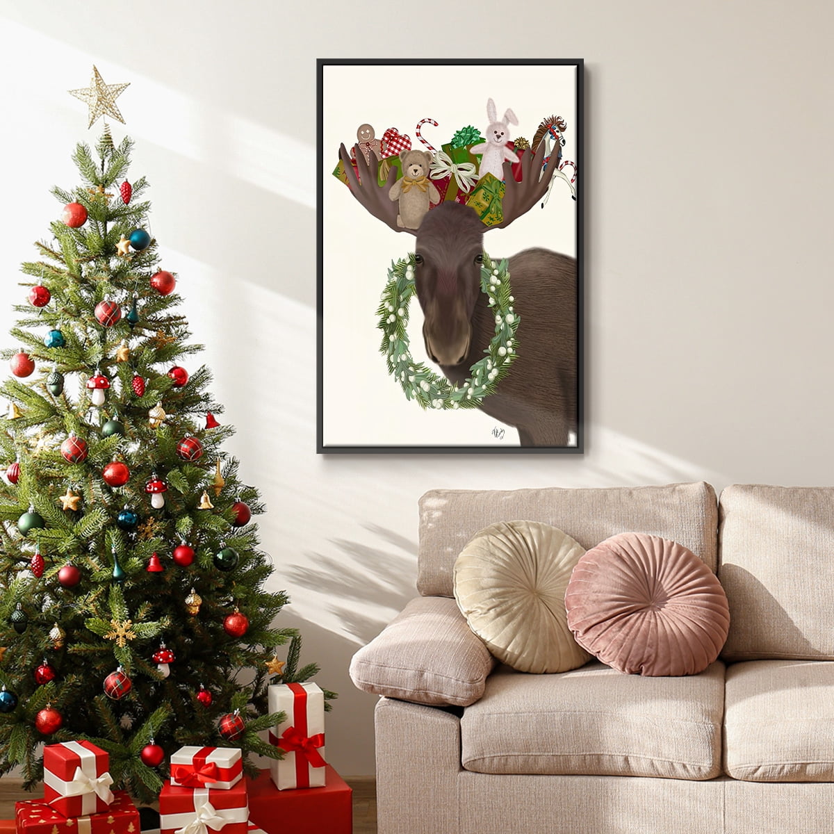 Christmas Moose and Christmas Gifts - Framed Gallery Wrapped Holiday Canvas - 17 x 25 - Black Frame