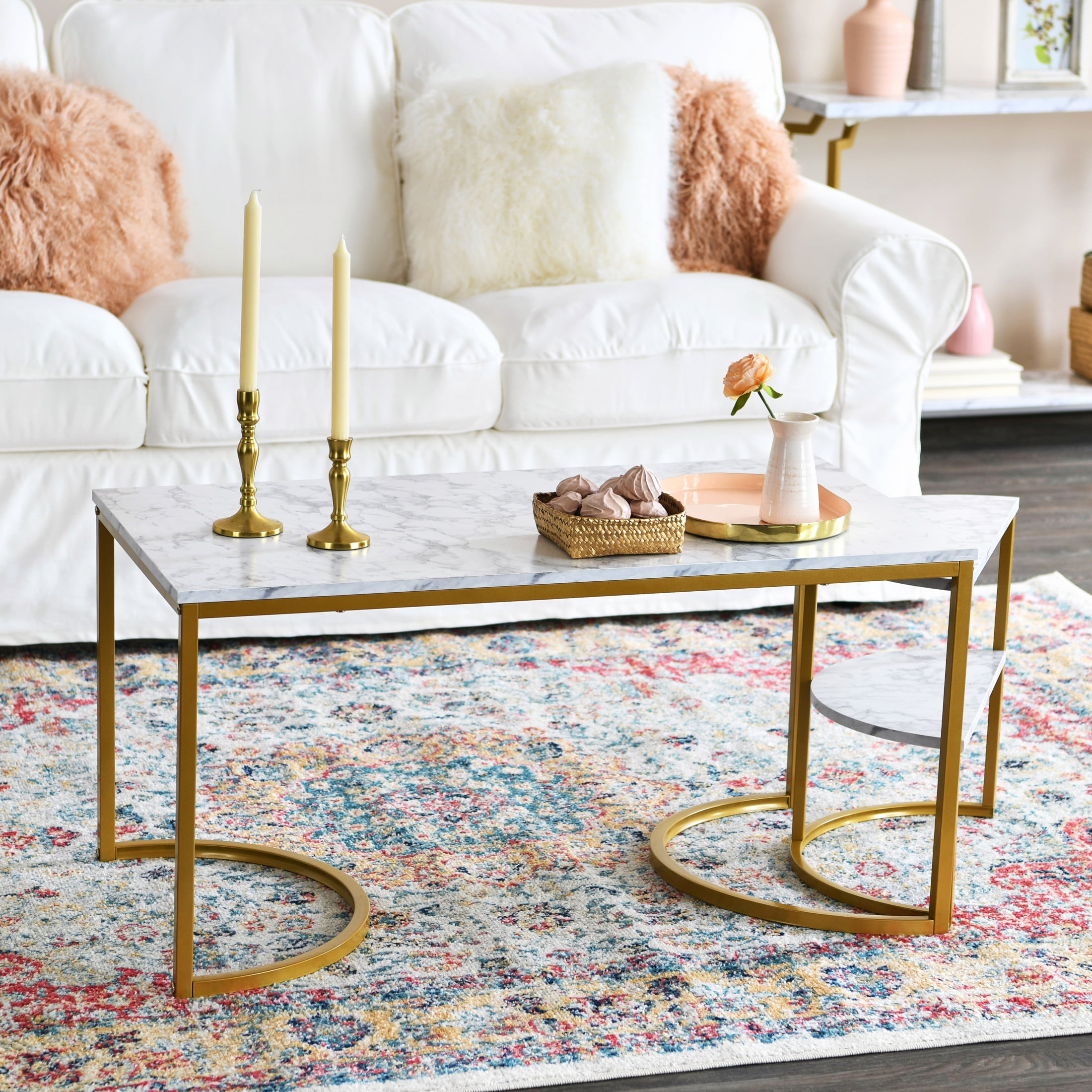 Household Essentials Half-Moon Modern End Table, White Marble