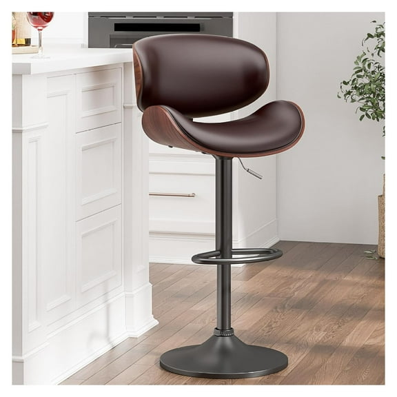 YOSITiuu Swivel Bar Stools for Kitchen Counter, Adjustable Bentwood Barstools, Modern PU Leather Upholstered Bar Stool with Back and Footrest, for Bar, Kitchen, Dining Room (Brown 1PCS)