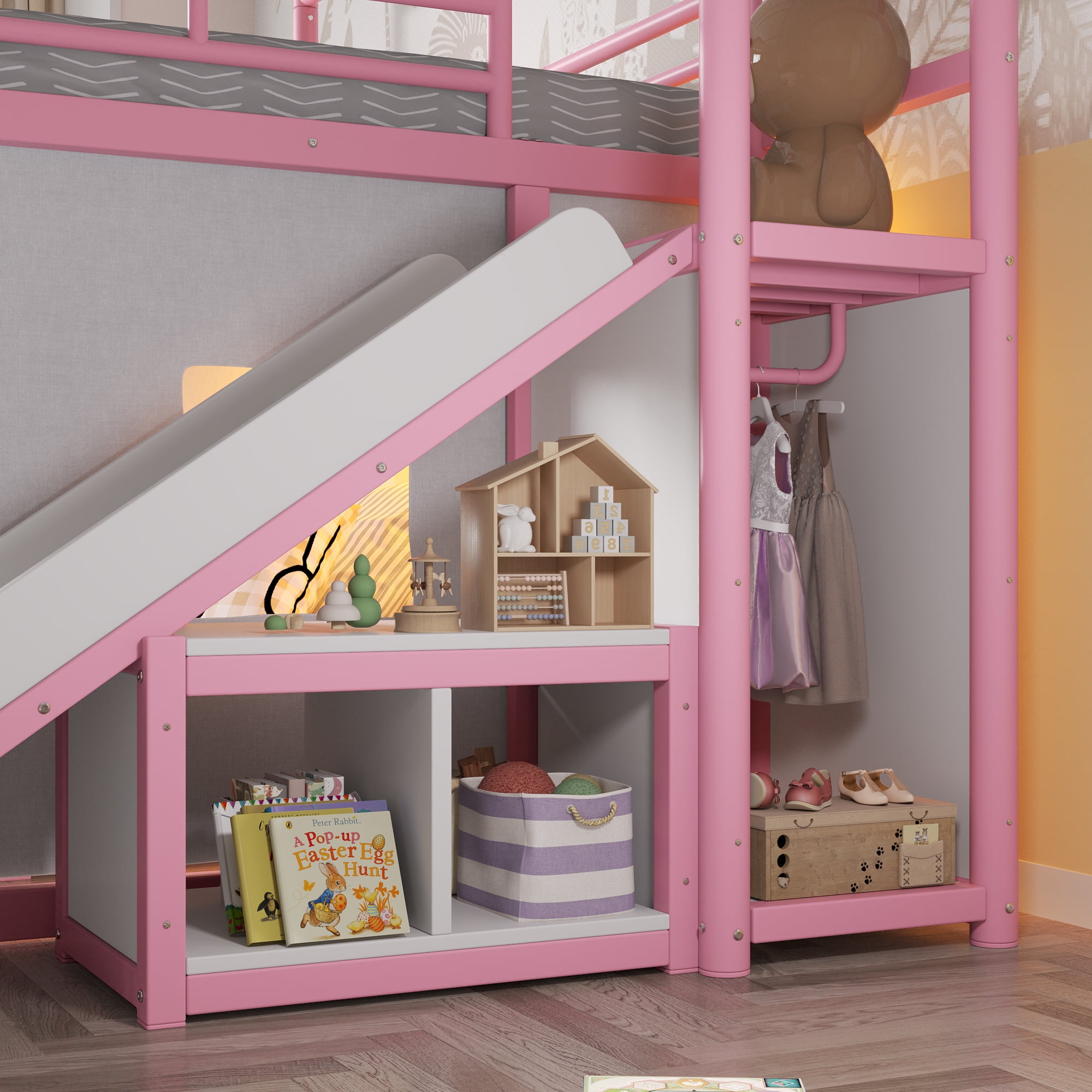 Leumius Full over Full Playhouse Metal Bunk Bed with Slide & Ladder, House Shaped Bunk Bed with LED Light Strip, Privacy Curtain, Movable Storage Cabinet and Hanging Rod for Bedroom Pink