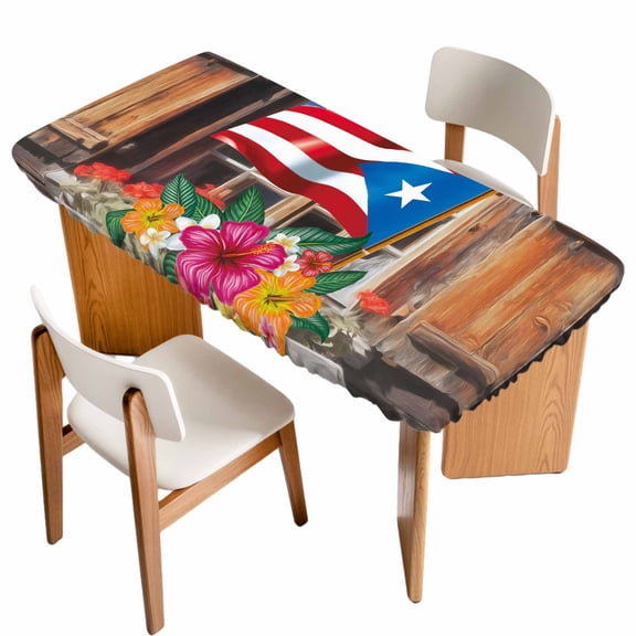 Puerto Rico Flag Table Cloths for 3 Foot Rectangle Tables, Farmhouse Retro Flowers American Flags Patio Waterproof Elastic Fitted Tablecloths, Washable Rectangular Table Cover for Camping